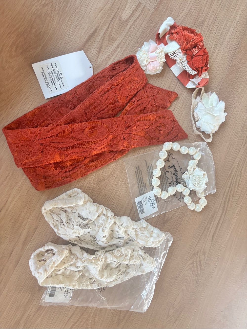 Persnickety 6 Rust and Cream Lace Hair Accessory Set necklace and leg warmers